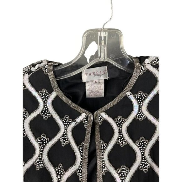 Adrianna Papell Boutique Sequined Embellished Evening Jacket Black 100% Silk Vin - Picture 3 of 3